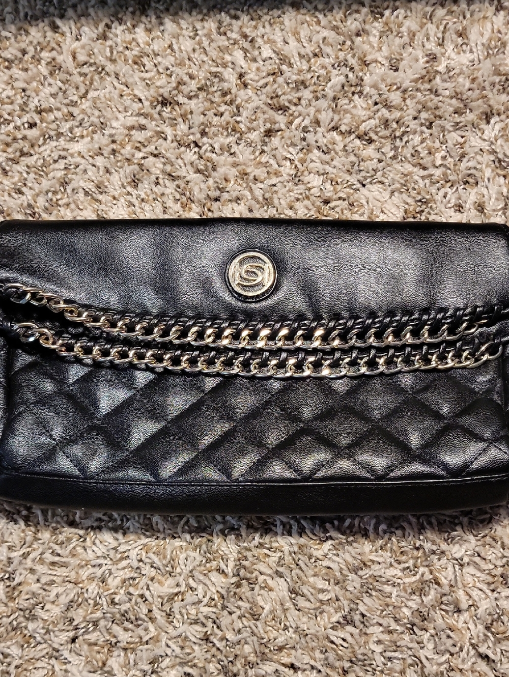 Bebe Black Leather Chain-Trim Clutch